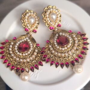 Gold and Red Pearl Drop Earrings